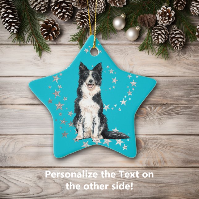 Border Collie Silver Stars Teal Christmas Ceramic Tree Decoration (Creator Uploaded)