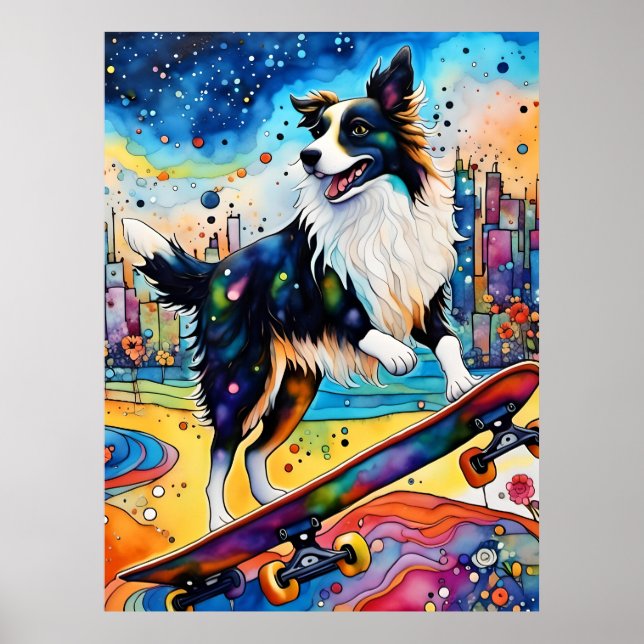 Border Collie Skateboarding Poster (Front)