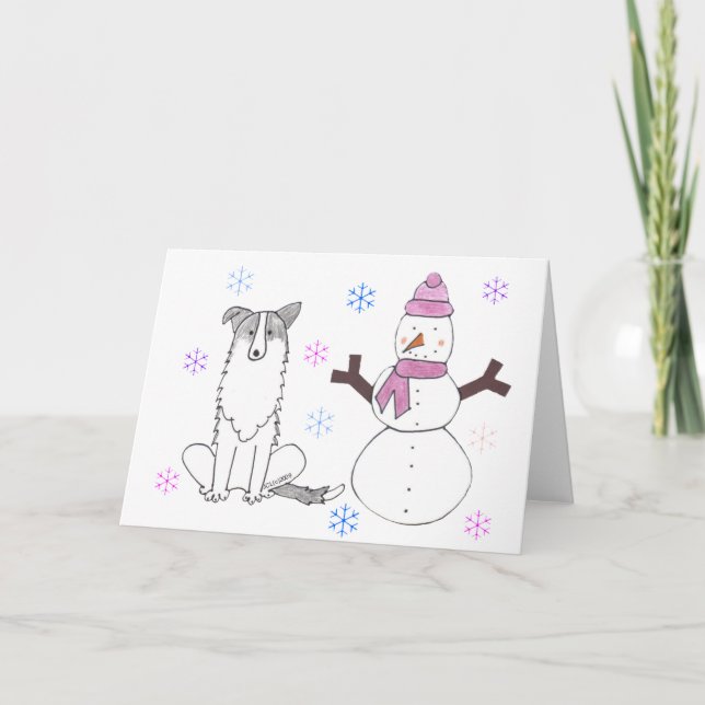 Border Collie & Snowman Holiday Card (Front)