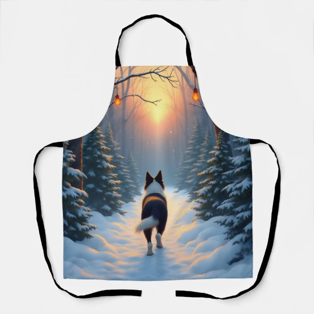 Border Collie Snowy Forest Walk Holiday Painting Apron (Front)