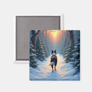 Border Collie Snowy Forest Walk Holiday Painting Magnet