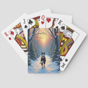 Border Collie Snowy Forest Walk Holiday Painting Playing Cards