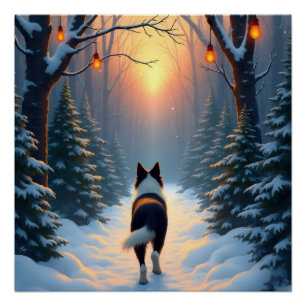 Border Collie Snowy Forest Walk Holiday Painting Poster