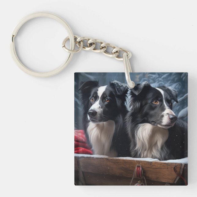 Border Collie Snowy Sleigh Christmas Decor  Key Ring (Front)