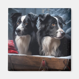 Border Collie Snowy Sleigh Christmas Decor Magnet