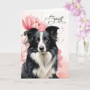 Border Collie Soft Pink Botanical Blooms Get Well Card