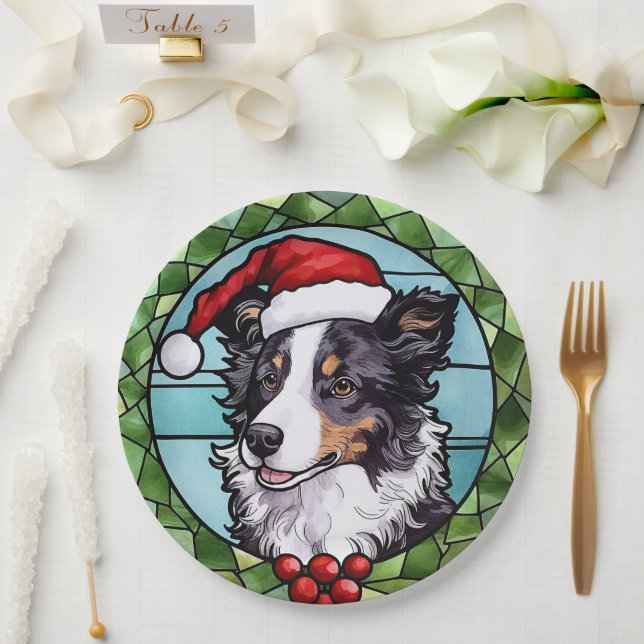 Border Collie Stained Glass Christmas Paper Plate (Wedding)