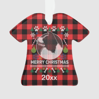 Border Collie Ugly Christmas Sweater Red Plaid Ornament