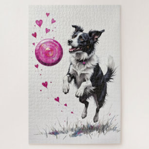 Border Collie Valentine's Day Heart Disc Catch Jigsaw Puzzle