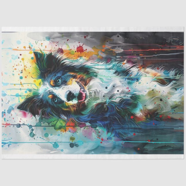 Border Collie Vibrant Colour Drip Paint Decoupage Tissue Paper (Front)
