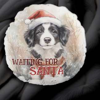 Border Collie Waiting For Santa Dog Watercolor  Round Cushion