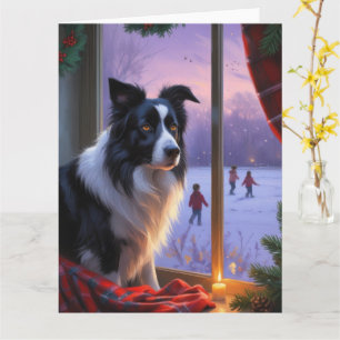 Border Collie With Christmas Lights Holiday Card