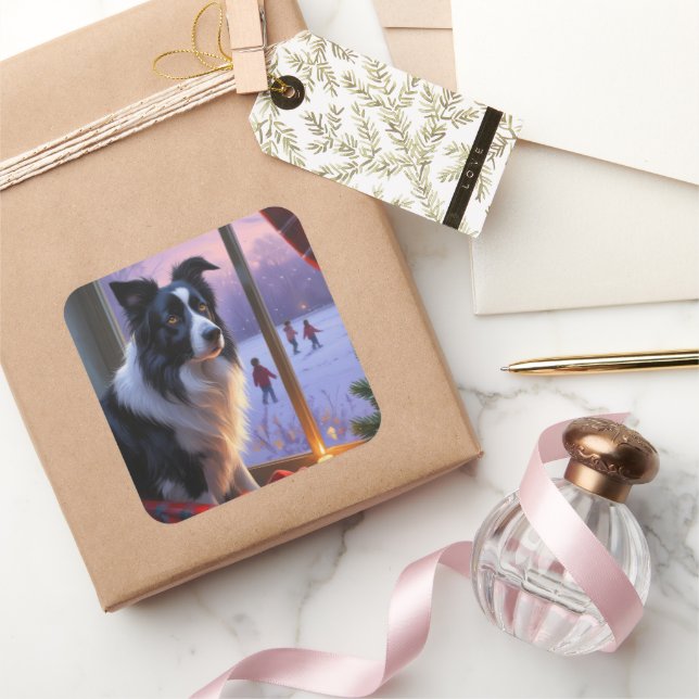 Border Collie With Christmas Lights Holiday Square Sticker (Gifting)