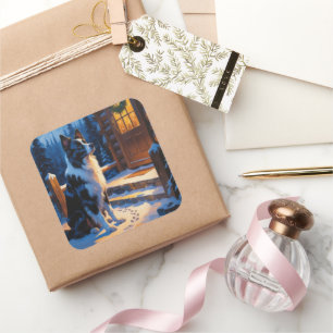 Border Collie With Christmas Lights Holiday Square Sticker