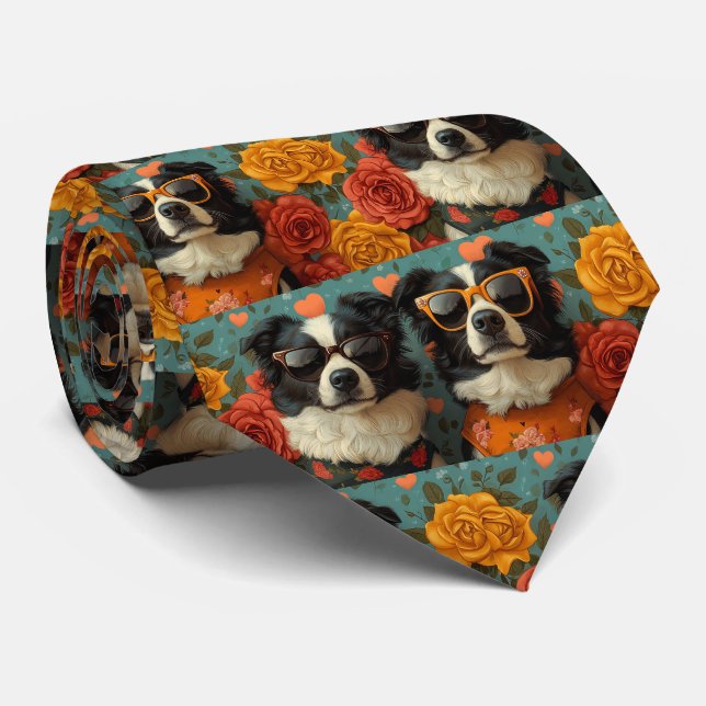 Border Collie With Heart Roses Valentine's Day Tie (Rolled)