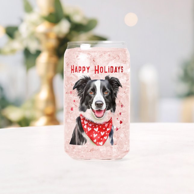 Border Collie with Red Heart Bandanna Christmas Can Glass (Insitu (Wedding))