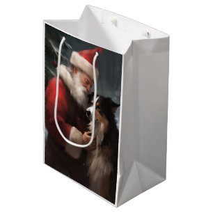 Border Collie With Santa Claus Festive Christmas Medium Gift Bag