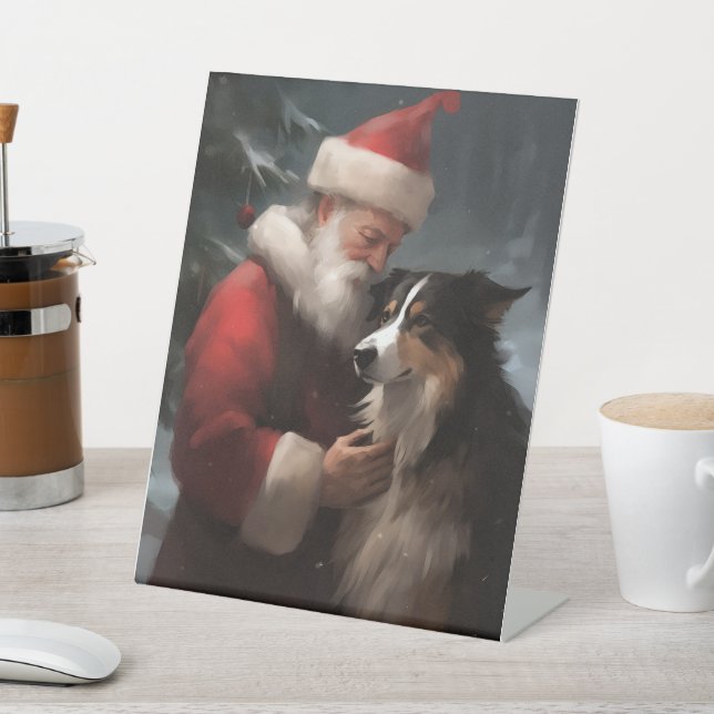 Border Collie With Santa Claus Festive Christmas Pedestal Sign (In SItu)