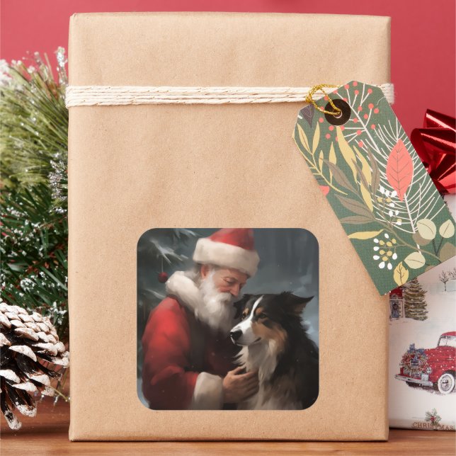 Border Collie With Santa Claus Festive Christmas Square Sticker (Holiday)