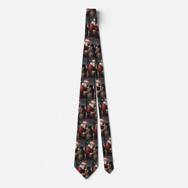 Border Collie With Santa Claus Festive Christmas Tie (Front)