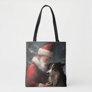 Border Collie With Santa Claus Festive Christmas Tote Bag