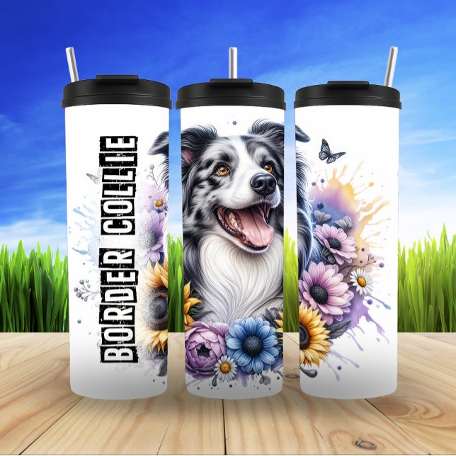 Border Collie's Bursting Floral Joy Thermal Tumbler (Creator Uploaded)