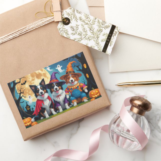 Border Collies Dogs Pumpkin Halloween Funny Rectangular Sticker (Gifting)