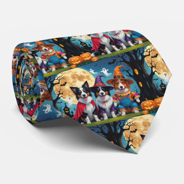 Border Collies Dogs Pumpkin Halloween Funny Tie (Rolled)