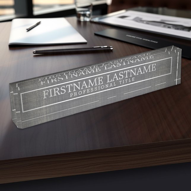 Border Grey Linen Basic Name & Professional Title Nameplate (Personalized Name Plate - Executive and Professional Designs)