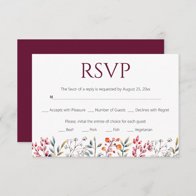 Border of leaves and berries burgundy wedding RSVP card (Front/Back)