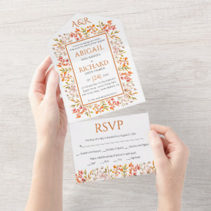 Border of leaves and berries burnt orange wedding all in one invitation