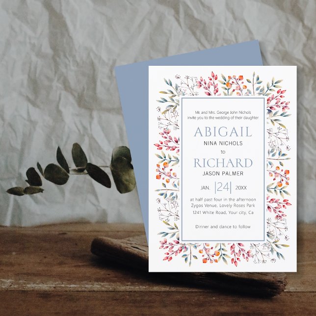 Border of leaves and berries dusty blue wedding invitation (Creator Uploaded)