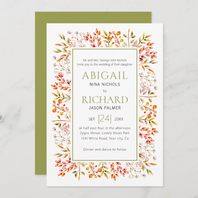 Border of leaves and berries olive green wedding invitation (Front/Back)