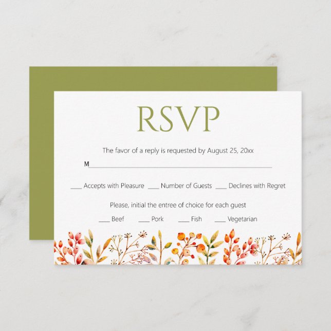 Border of leaves and berries olive green wedding RSVP card (Front/Back)