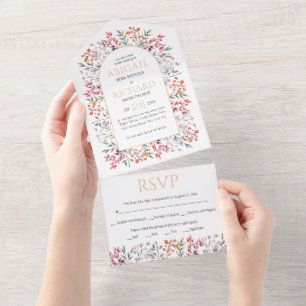 Border of leaves and berries peach wedding all in one invitation