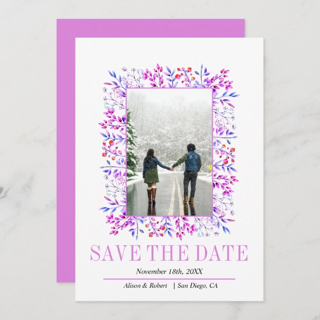 Border of leaves and berries purple wedding save the date (Front/Back)