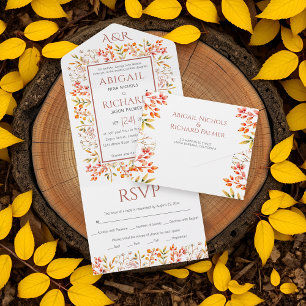 Border of leaves and berries terracotta wedding all in one invitation