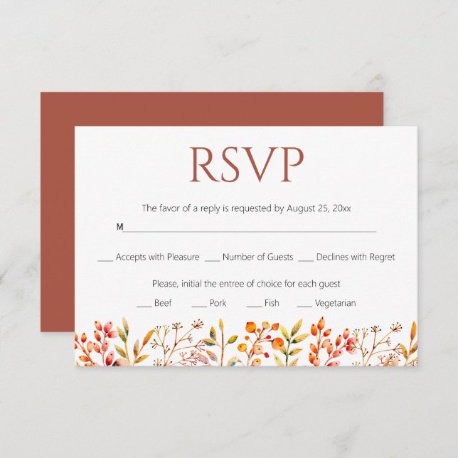 Border of leaves and berries terracotta wedding RSVP card (Front/Back)
