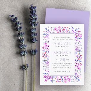 Border of leaves, berries lavender purple wedding  invitation