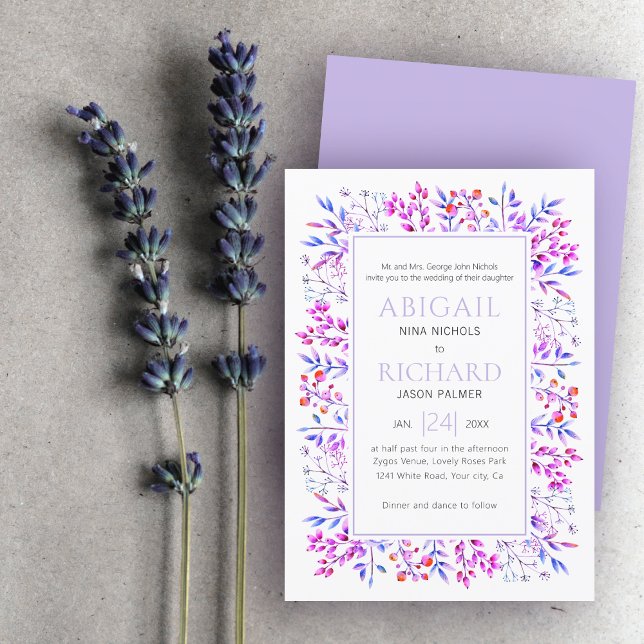 Border of leaves, berries lavender purple wedding  invitation (Creator Uploaded)