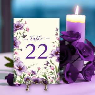 Border of purple flowers and butterflies wedding table number