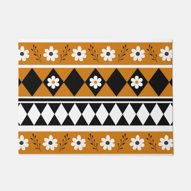 Border Stripe Flower Diamond Boho Floral Pattern Doormat (Front)