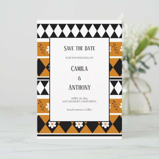 Border Stripe Flower Diamond Boho Floral Pattern Invitation (Standing Front)