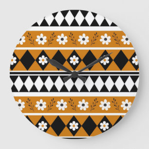 Border Stripe Flower Diamond Boho Floral Pattern Large Clock