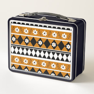 Border Stripe Flower Diamond Boho Floral Pattern Metal Lunch Box