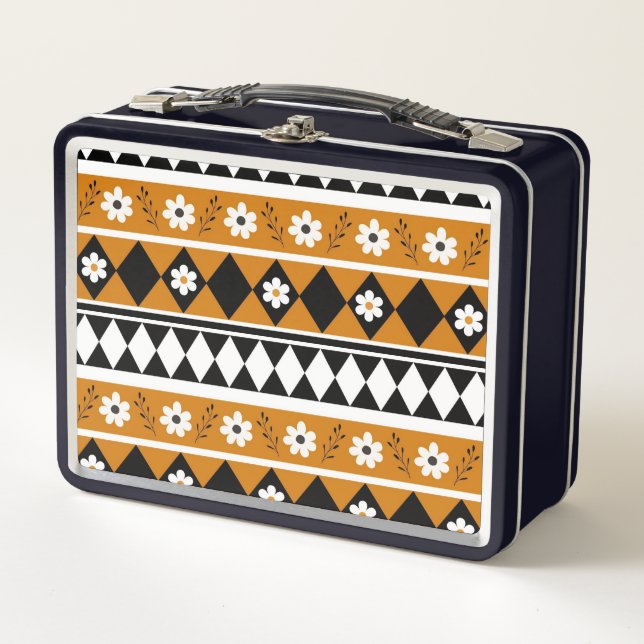 Border Stripe Flower Diamond Boho Floral Pattern Metal Lunch Box (Front)