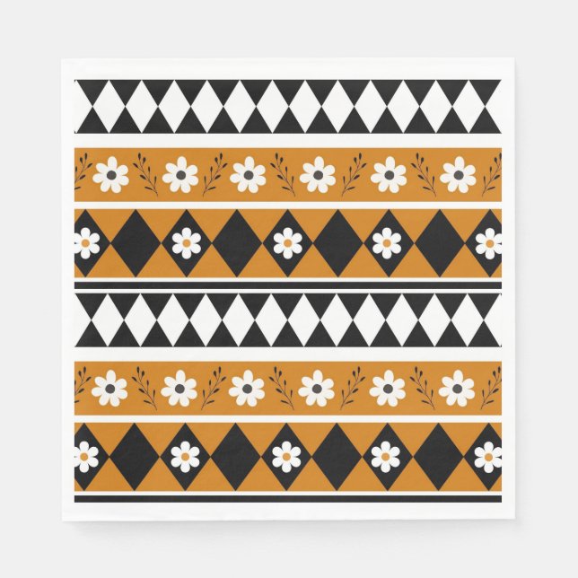 Border Stripe Flower Diamond Boho Floral Pattern Napkin (Front)