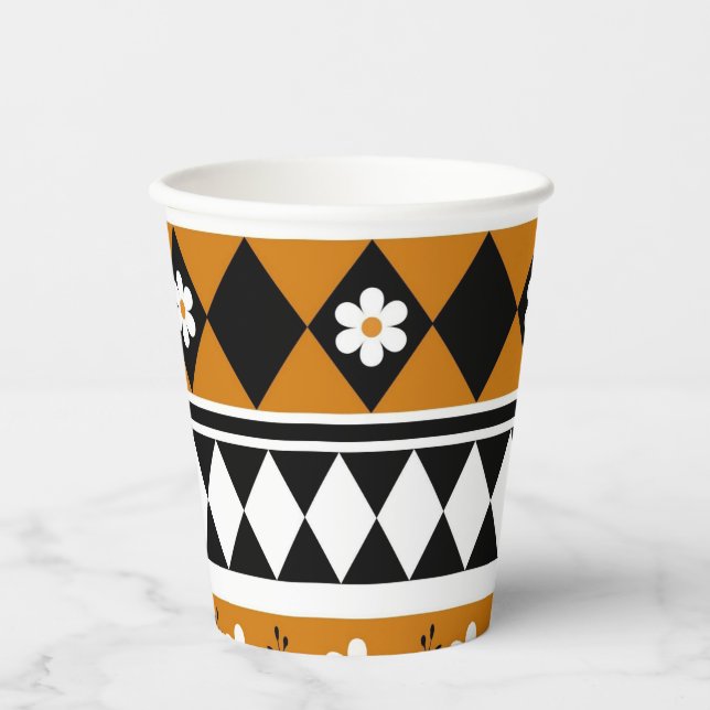 Border Stripe Flower Diamond Boho Floral Pattern Paper Cups (Front)