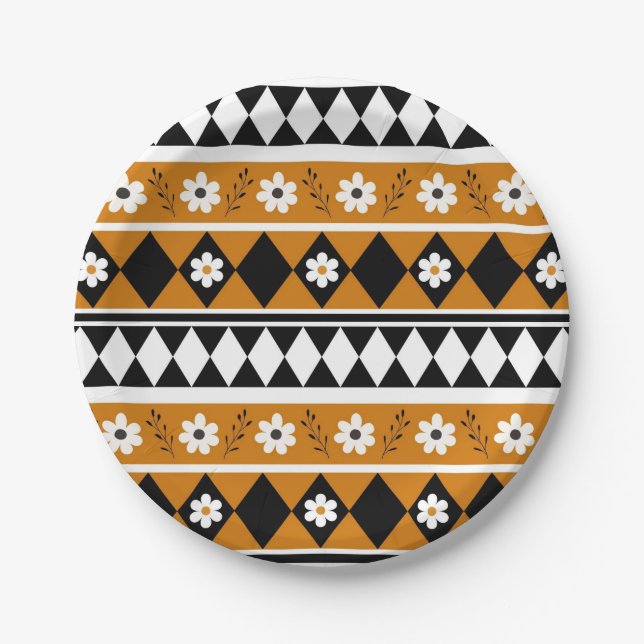 Border Stripe Flower Diamond Boho Floral Pattern Paper Plate (Front)