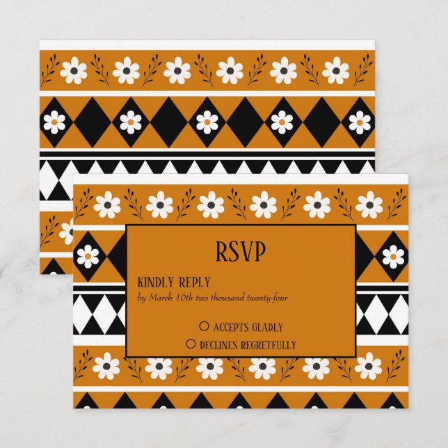 Border Stripe Flower Diamond Boho Floral Pattern RSVP Card (Front/Back)